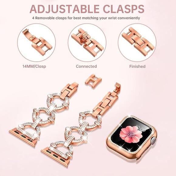 Rose Gold Tone & Rhinestone Watch Band Compatible w Apple Watch  38mm 40- 45mm - Picture 3 of 12